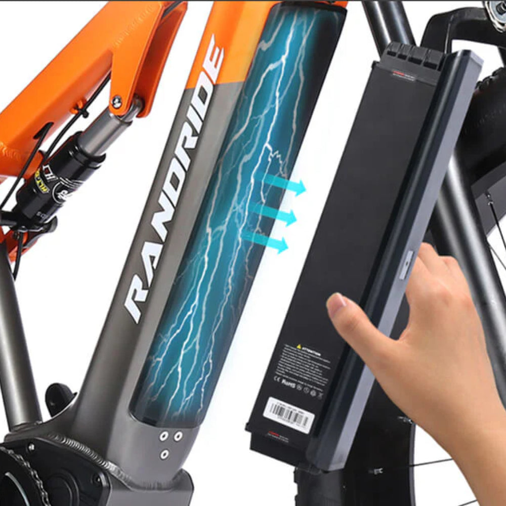48V 20AH removable lithium e-bike battery with Samsung/LG cells, long range electric bike battery pack, up to 77+ miles pedal assist range and 62+ miles pure electric range, advanced BMS protection system for stable off-road and urban riding.